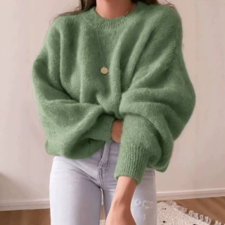 欧美跨境女装温柔纯色灯笼长袖毛衣宽松显瘦软糯加厚针织套头衫女