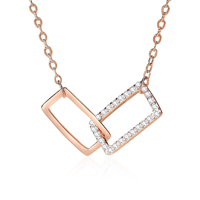 Estilo japonés y coreano S925 plata esterlina geométrica cuadrado doble anillo collar de hebilla niñas diseño de lujo ligero sentido de la cadena de clavícula de todo fósforo
