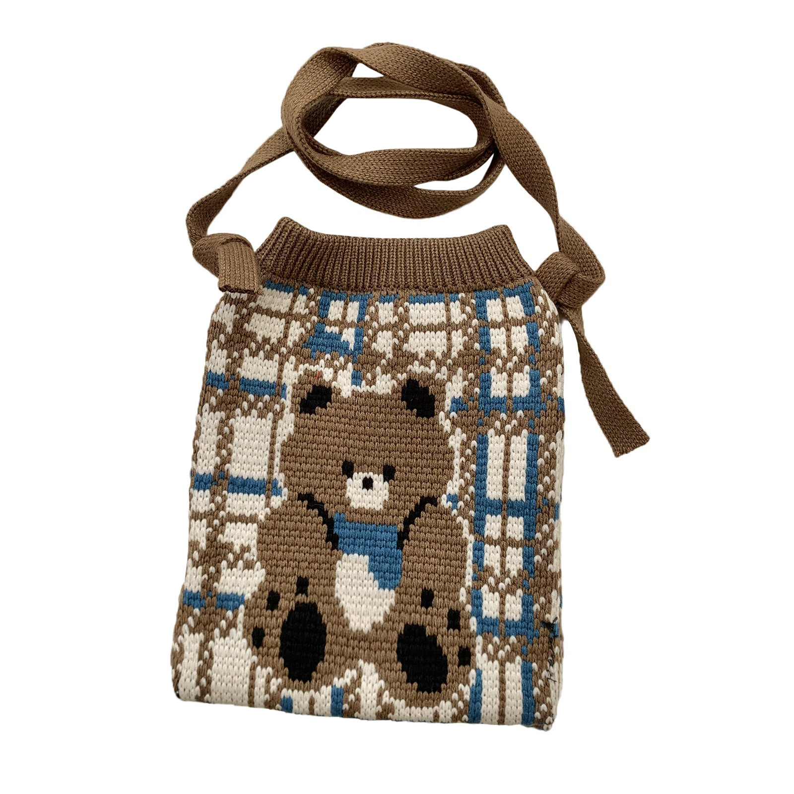 Bolso de hombro, bolso de mochila para mujeres versátil 2025 nuevo nicho de diseño lindo bolso de tejido de lana de dibujos animados bolso de teléfono celular