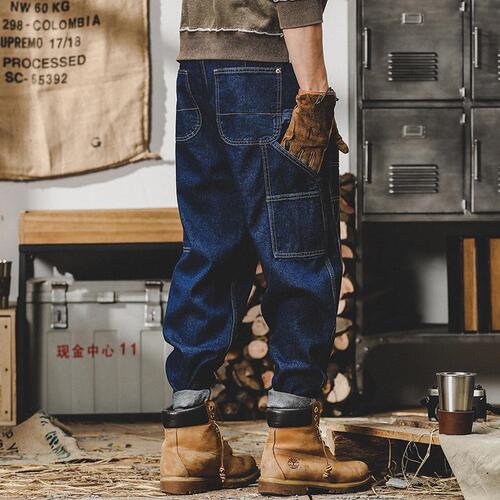 American Retro Workwear Jeans for Men - Autumn/Winter New Trend Brand Loose Topstitch Double Knee Logging Straight Leg Pants for Men