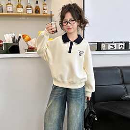 女童卫衣春秋儿童polo领上衣中大童宽松长袖衣服女孩2026春秋新款
