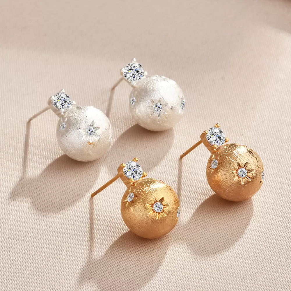 复古港风拉丝六芒星耳钉法式中古小金球气质独特设计感个性耳饰女