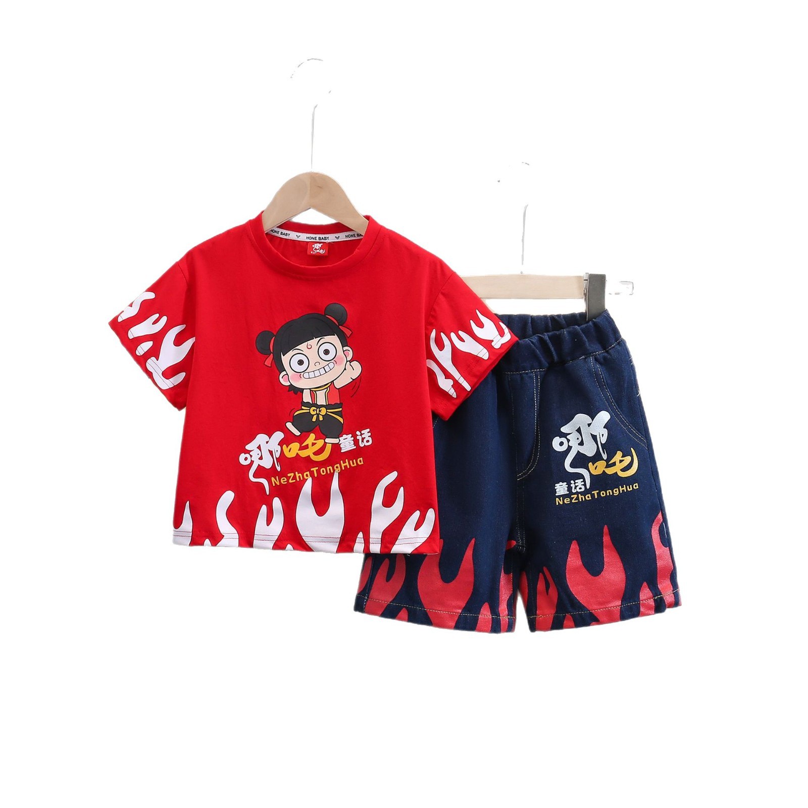 7927 niños verano dibujos animados moda ropa fresca de manga corta verano niños pequeños y medianos niños camiseta de manga de cinco puntos traje de dos piezas