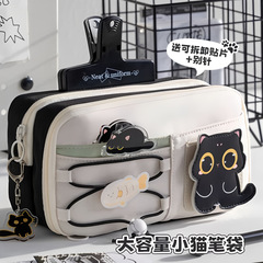 新しいマジックテープかわいい黒の子猫ペンバッグins大容量多層学生文房具収納袋鉛筆袋