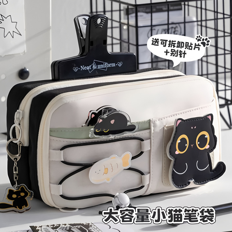 新しいベルクロかわいい黒子猫鉛筆バッグイン大容量多層学生文具収納袋鉛筆バッグ|undefined