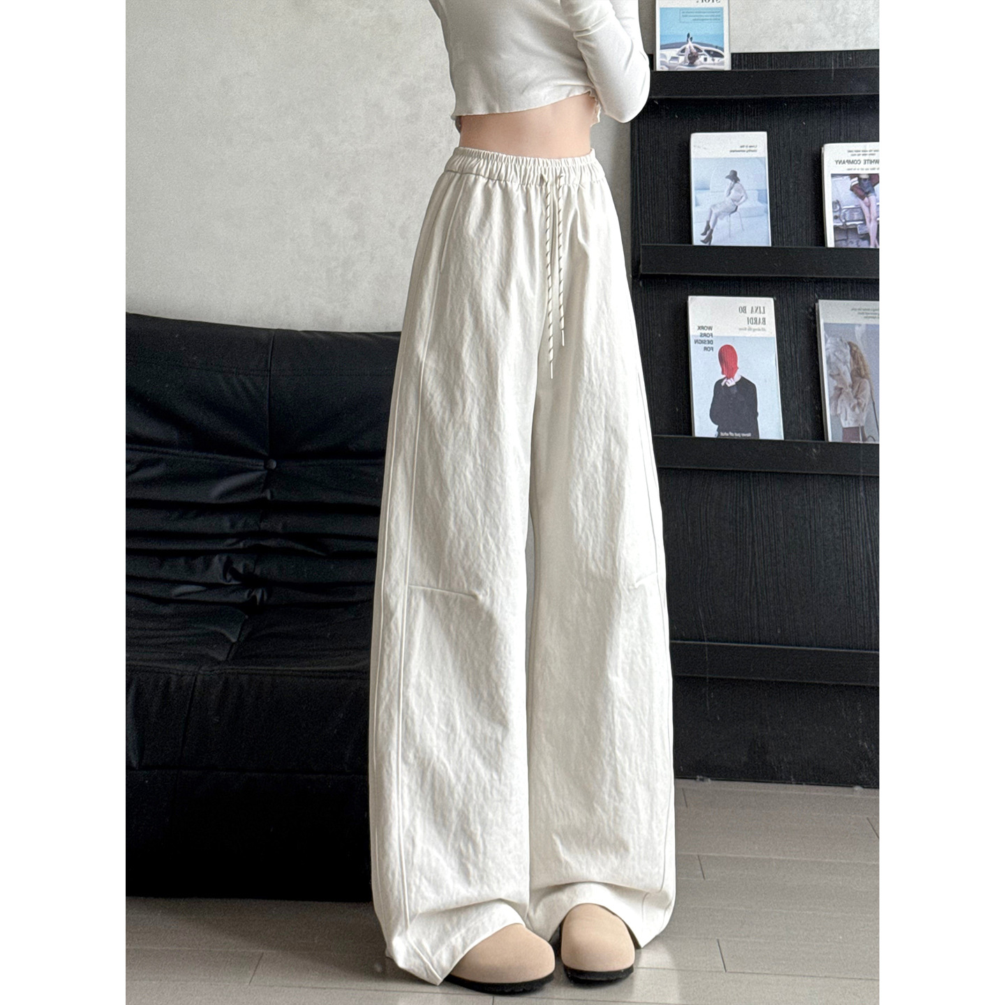 White American-Style Curved Pants for Women, Autumn New High-Waisted Slim Narrow Version Petite Casual Sports Banana Wide-Leg Pants