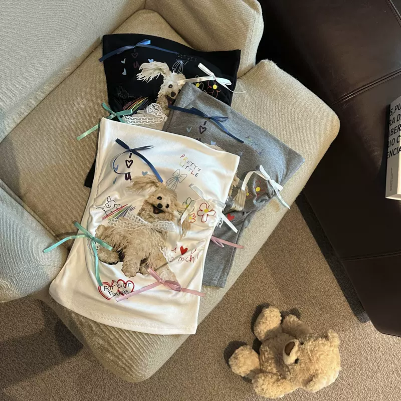 卡通小狗吊带背心女夏季泰式辣妹一字肩抹胸小上衣带胸垫裹胸外穿