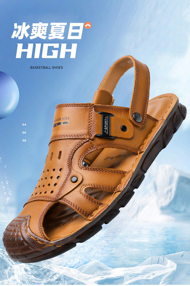 Dép sandal bít mũi nam da bò lớp đầu, đế mềm thân mềm, kiểu xỏ chân hai cách đi — G6951 màu nâu vàng, G6951 màu đen chi tiết 1