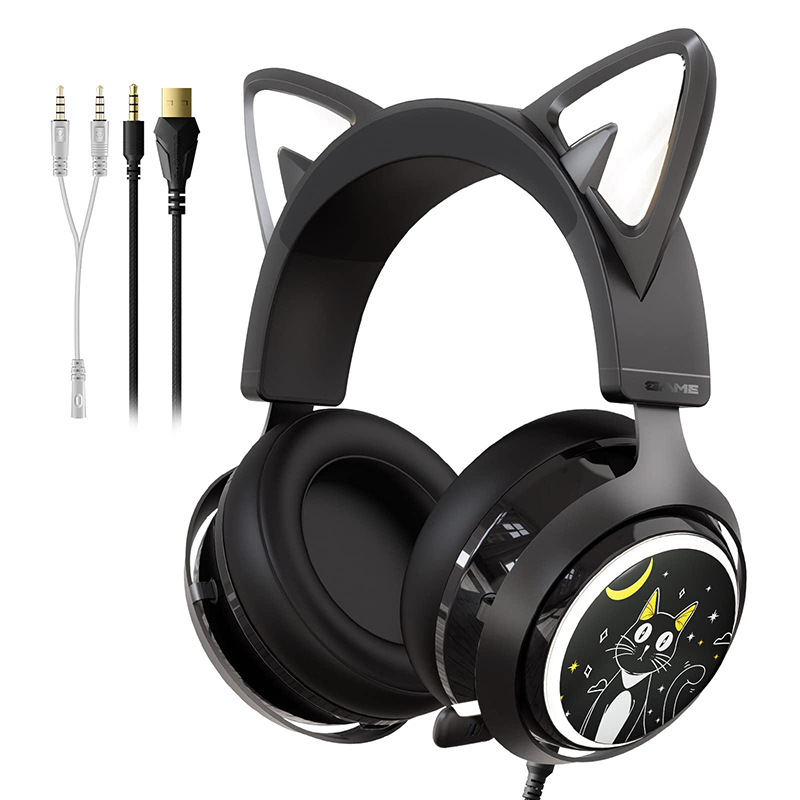 Auriculares para juegos Somic GS510, orejas de gato rosadas, micrófono inalámbrico 2.4G