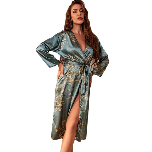 Homemade printed long-sleeved robe, thin sexy women's tie-dress morning gown, simple cardigan sleepwear, silk-like bath robe