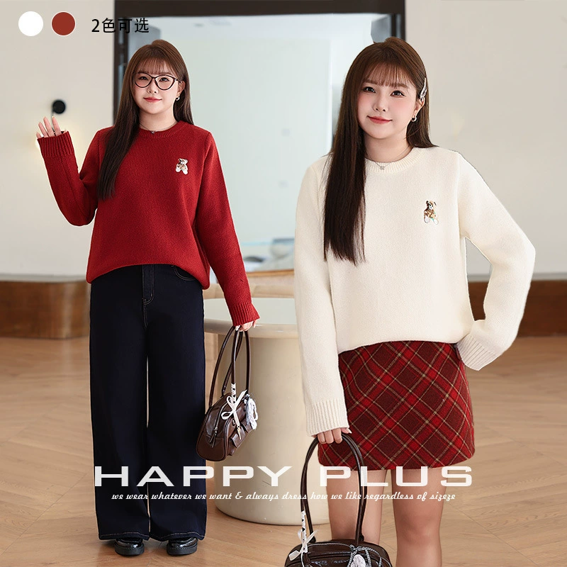 Возрастной Медведь вышитый круглый вырез ленивый свитер Runqi N8512 большие размеры, осенне-зимний вязаный свитер с вышивкой средней длины