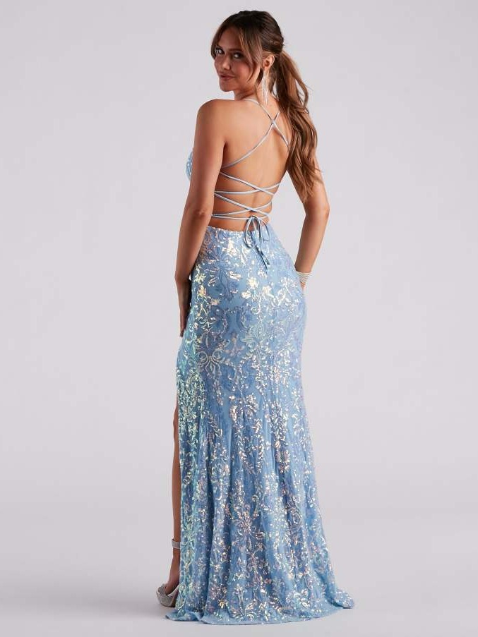 Vestido de noche largo con lentejuelas, estilo europeo y americano, sexy, con hombros descubiertos y elegante abertura lateral para fiestas (3 colores)
