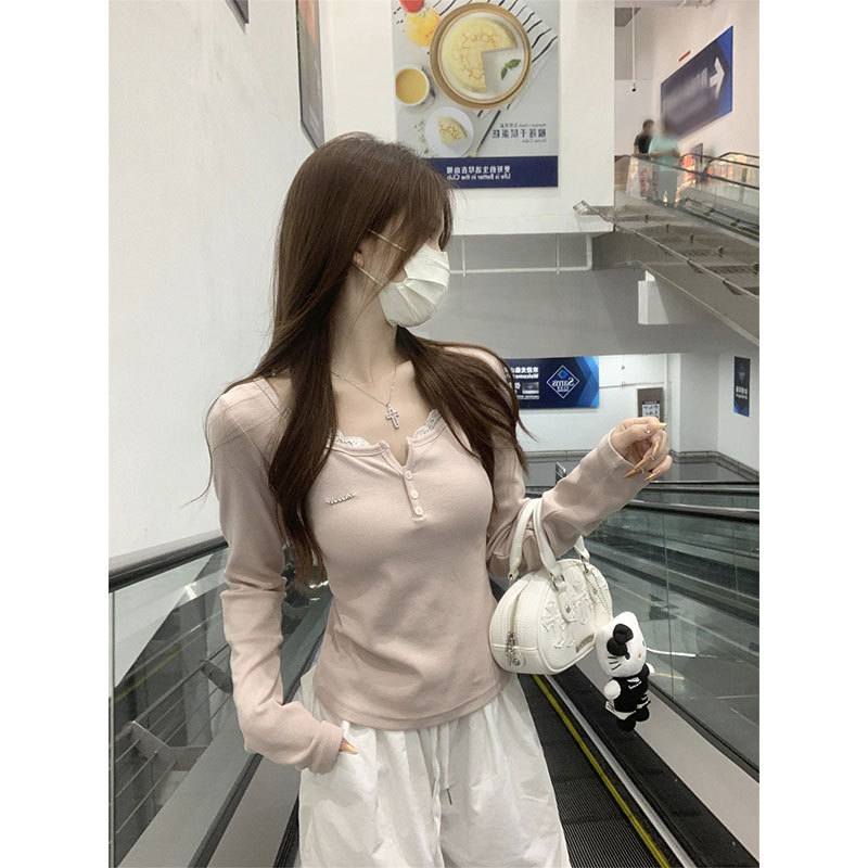 아침 칼라 [원래 좋은 직물] 순수한 바람 레이스 어깨 긴 소매 티셔츠 여성의 이른 가을 새로운 슬림 핏