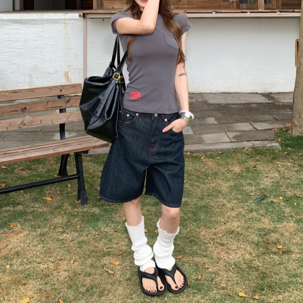 Unisex Straight Leg Denim Jeans Retro Washed Loose Fit Versatile New Summer Style Five Point Pants_mkmklike.com