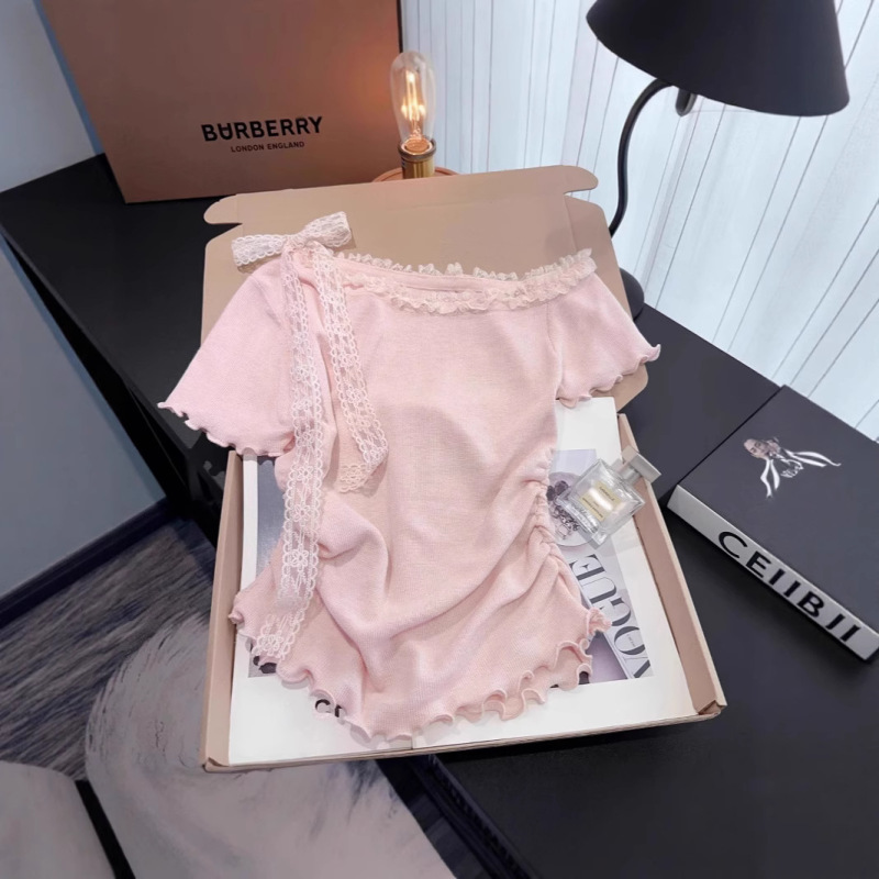 Sweet Pink Lace Bow One-Line Collar Short-Sleeved T-Shirt for Women Summer Ice Silk Knitted Ear-Hem Waist Top