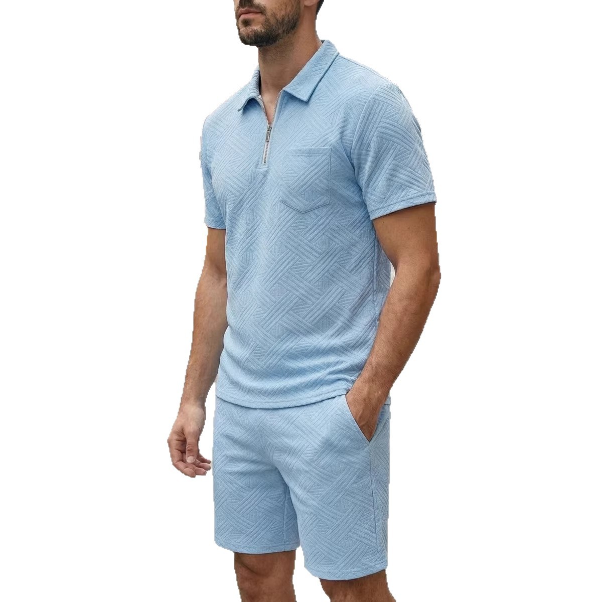Zweiteiliges Herren-Set aus Waffelstrick, einfarbig, Sommer, Kurzarm, Shorts mit Tasche und Jacquard-Kragen._voghion.com