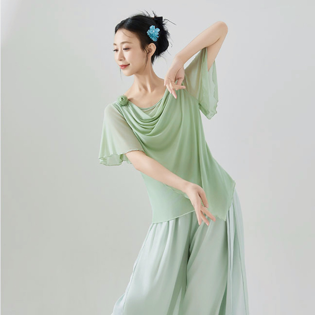 Dance Clothing for Adults, Elegant White Body Practice Modern Loose Short-Sleeved Classical Dance Gauze Clothing Suit