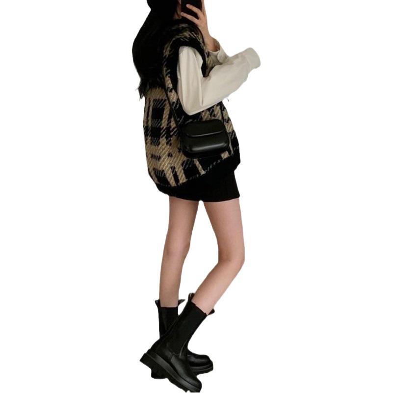 Retro con cuello en V Plaid Chaleco de punto para mujer Otoño e Invierno ropa exterior suelta pequeño chaleco suéter fresco 2023 Nuevo