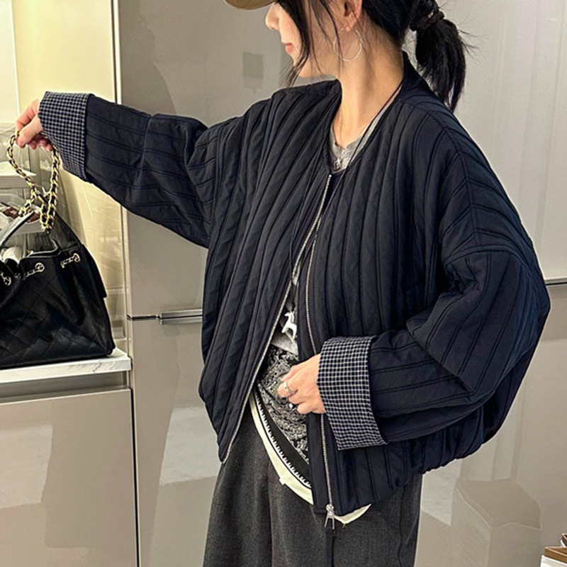 撞色拼接薄棉圆领开衫短外套女2025秋季新款宽松显瘦休闲夹克上衣|undefined