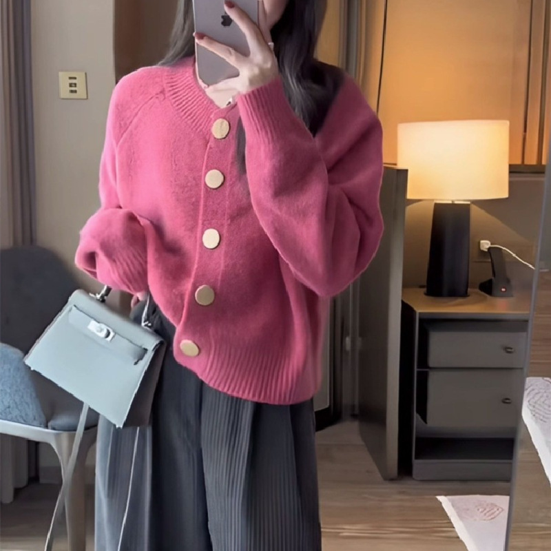 24 invierno Puyuan primavera y otoño nuevo color sólido dulce viento de punto Cardigan chaqueta de cuello redondo inserción