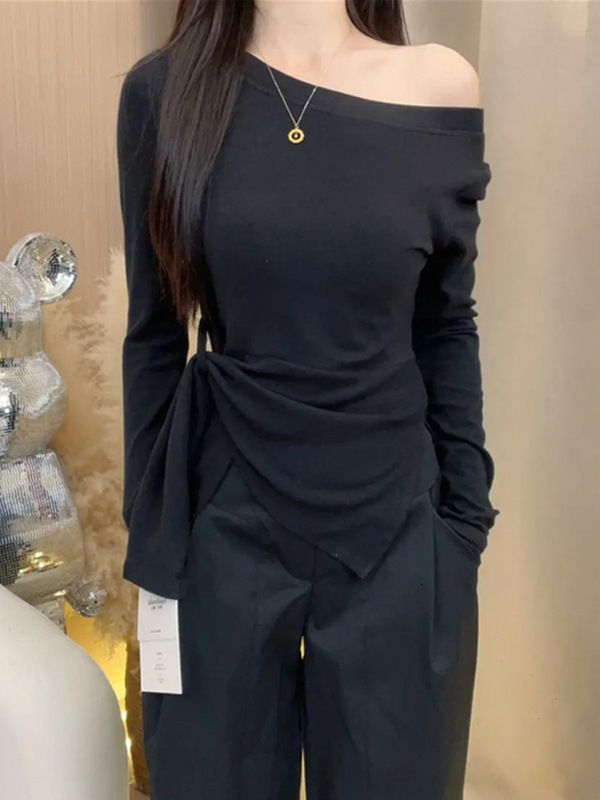 大码胖mm韩系条纹不规则开叉斜肩长袖T恤女装早秋收腰设计感上衣|undefined