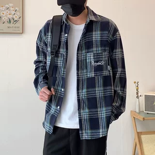 格子休闲长袖衬衫男士春秋季潮牌流宽松新款冬装男生翻领衬衣外套