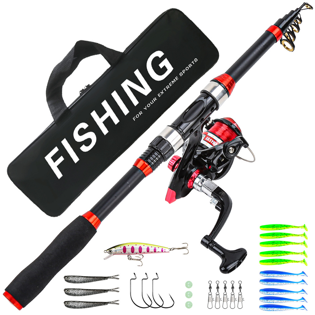 Cross-border 1.8m Black and Red Straight Handle Lure Rod Set Sea Rod Spinning Reel Lures Fishing Gear Factory Wholesale in Stock