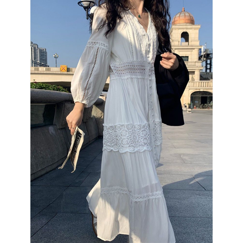 Bohemian Retro Ethnic Style V-Neck White Layered Embroidered Long-Sleeved Dress 2026 Spring Holiday Long Dress