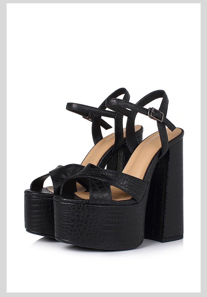 Sandal cao gót nữ mũi hở đế platform chunky da thật gót dày — Màu đen mờ chi tiết 8