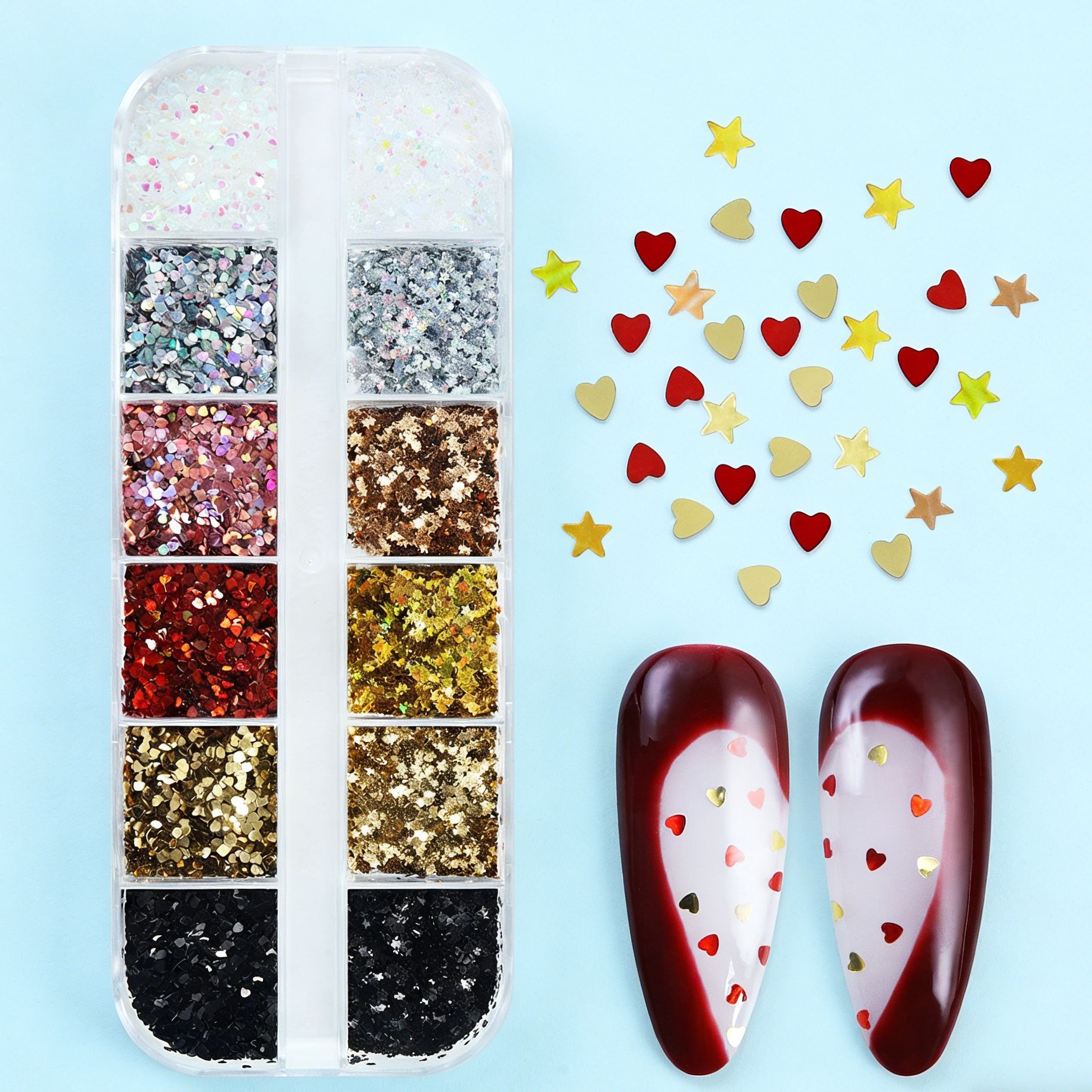Valentine's Day 12-Compartment Mini Pink and Gold Heart Nail Art Sequins 1mm Black and Gold Star Mixed Glitter Nail Art Accessories