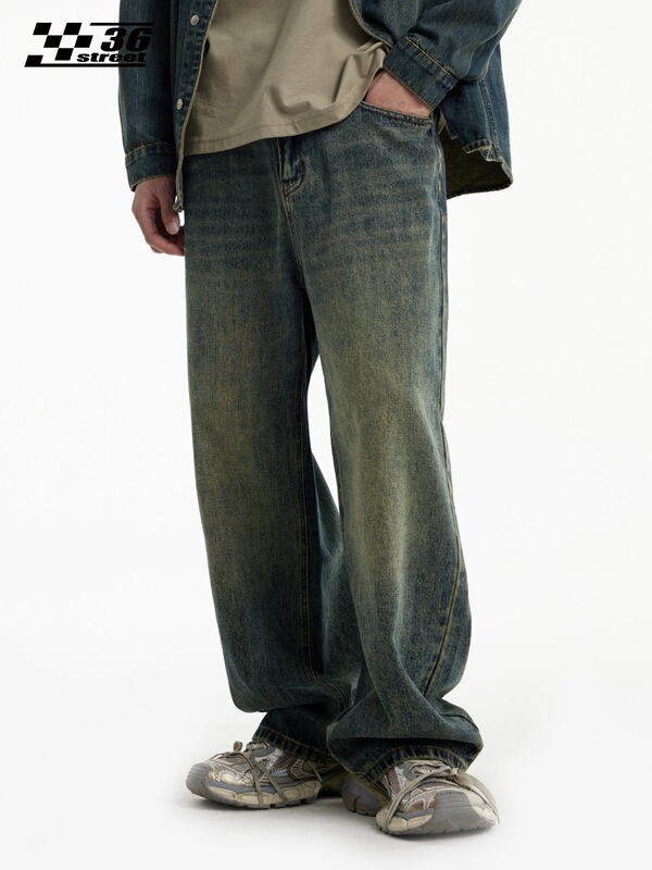 American retro washed distressed curved cut jeans for men, 2026 new trendy brand loose straight wide-leg casual pants American retro washed distressed curved cut jeans for men, 2026 new trendy brand loose straight wide-leg casual pants