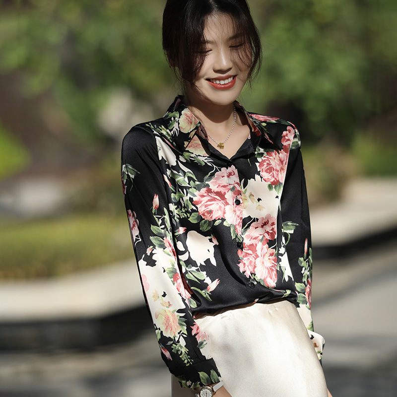 Fashion 2024 Spring Summer Silk Blouse Long Sleeve Rose Print Stylish Acetic Satin plus size Top