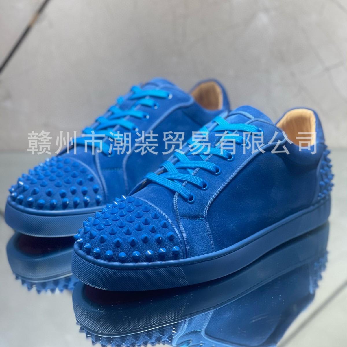 cl andgz男鞋蓝色麂皮柳钉铆钉系带低帮红底鞋女鞋情侣板鞋休闲鞋