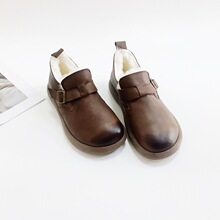 冬季新款手工真皮女士皮鞋森系复古圆头牛皮厚底羊毛保暖大棉鞋女