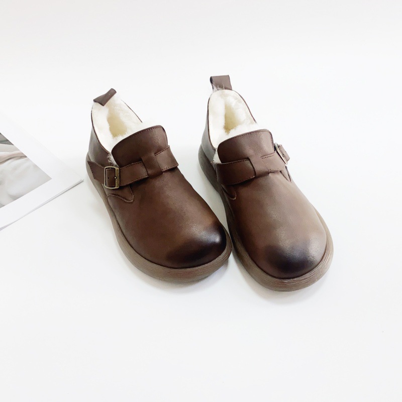 冬季新款手工真皮女士皮鞋森系复古圆头牛皮厚底羊毛保暖大棉鞋女