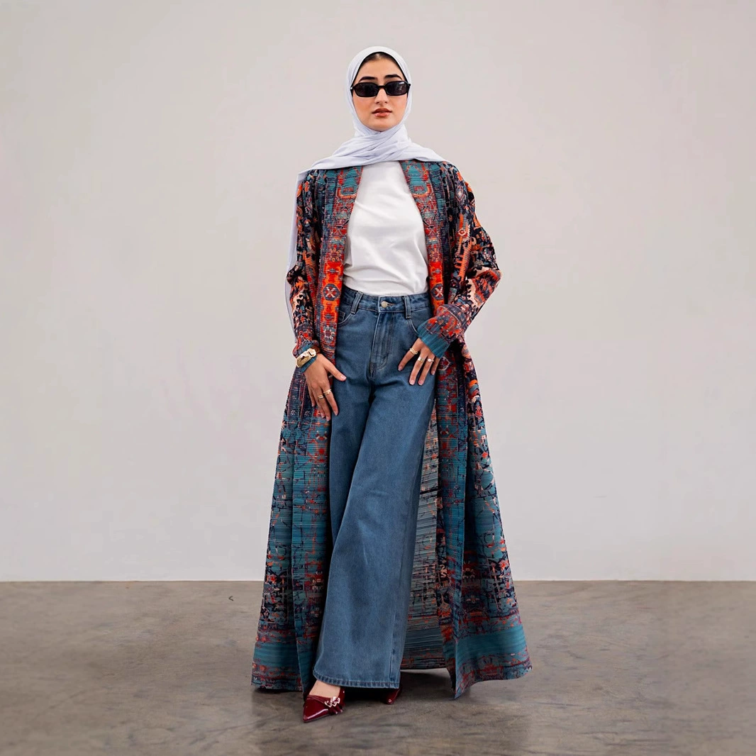 Арабская одежда для женщин: плиссированный кардиган, длинное пальто, абайя с принтом, одежда для женщин Ближнего Востока, Дубай.