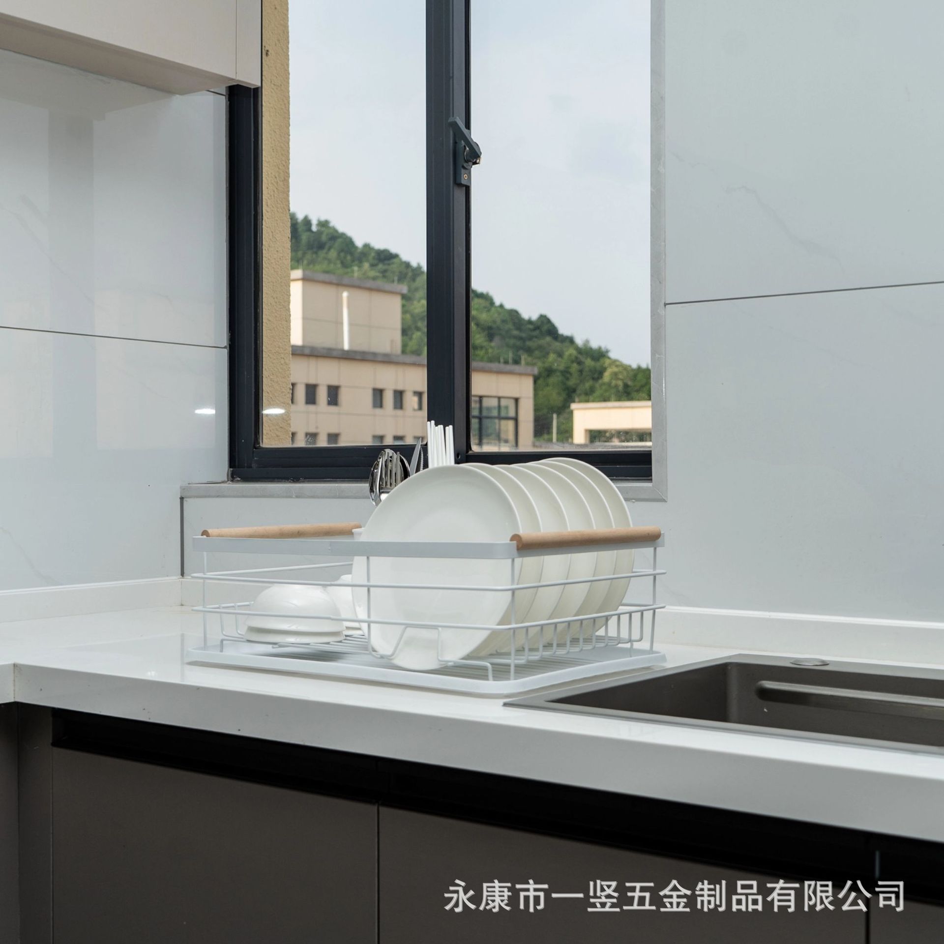 Rejilla de drenaje de cocina Rejilla de platos de una sola capa con mango de madera Jaula de palillos Rejilla de platos Encimera Fregadero multifuncional Rejilla de drenaje