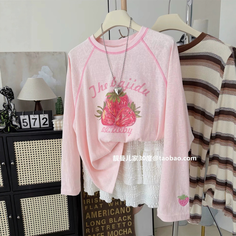 Cross-Border Snowflake Cotton Plus Size 120kg Strawberry Embroidery Print Women's Top Sweet Long-Sleeve Sun-Protective T-Shirt Loose Fit Cross-Border Snowflake Cotton Plus Size 120kg Strawberry Embroidery Print Women's Top Sweet Long-Sleeve Sun-Protective T-Shirt Loose Fit