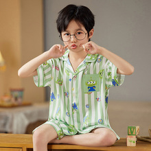 韩系男童睡衣冰丝夏季薄款儿童男孩家居服短袖套装中大童高档空调