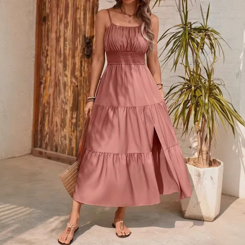Cross-Border Amazon European and American Spring/Summer 2026 New Style Spaghetti Strap Layered Waist-Cinching Solid Color Slim-Fit Long Dress