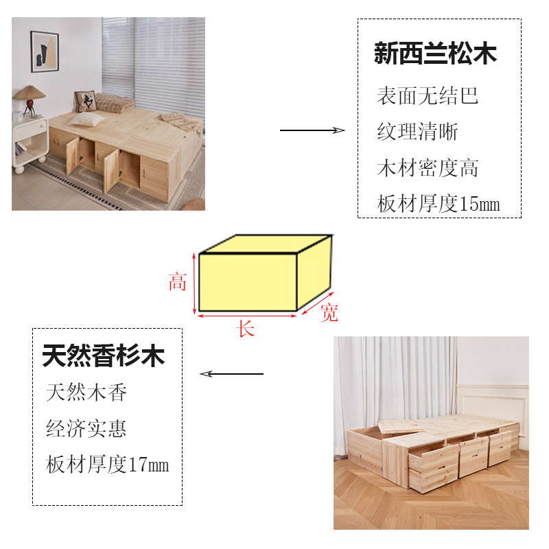 畳木箱ベッド、無垢材収納ベッド、自由に組み合わせ可能なベッドボックス、幅広ベッドボックス、窓際ベッドに連結可能|undefined