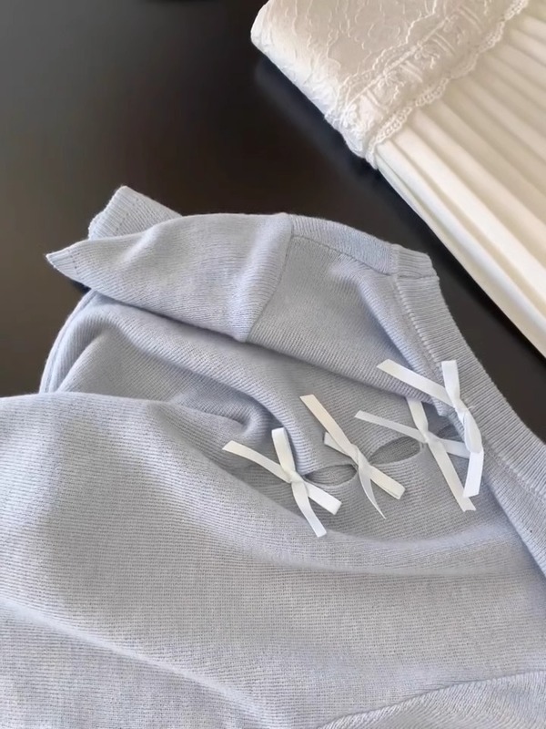 ブルーリボン刺繍薄手ニット半袖Tシャツレディース2025夏新作中空ショルダーシャツトップ|undefined
