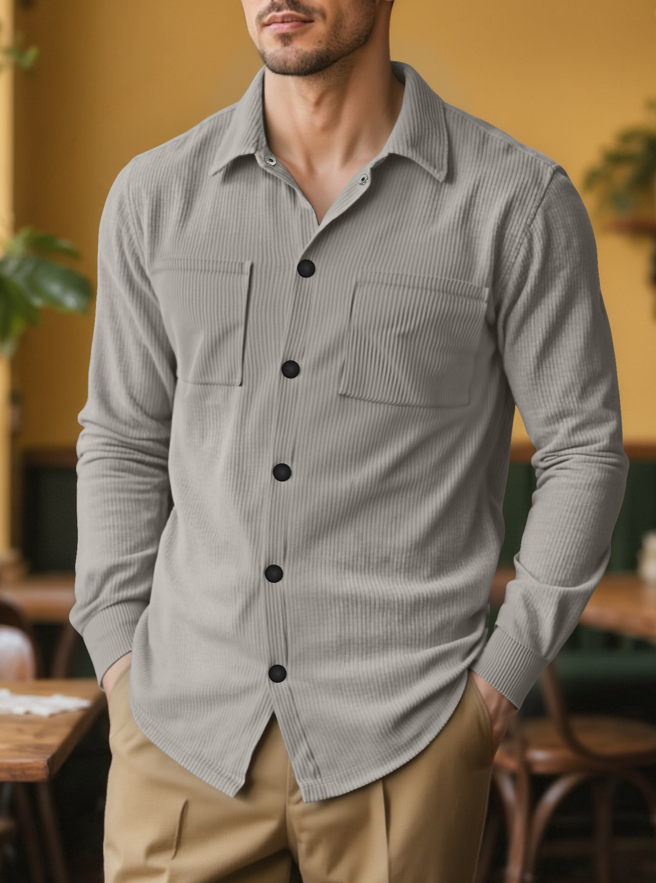 Nuevo otoño transfronterizo nuevo tamaño grande de camisa de botón de terciopelo TEMU casual suelto hombre bolsa abierta
