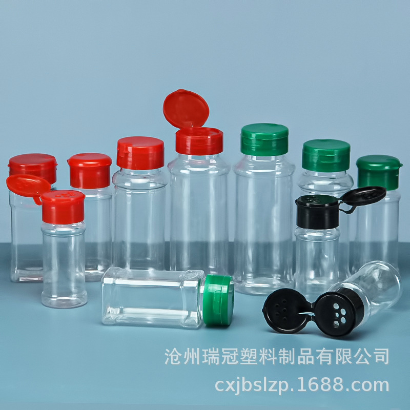 Botella de plástico PET transparente de 100 ml con tapa abatible, botella para condimentos de pimienta, botella para espolvorear chile en polvo.