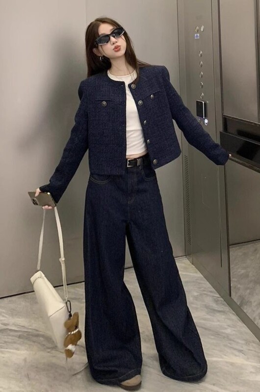 藏蓝色法式小香风松弛感外套女2025秋冬款休闲气质长袖开衫短上衣|undefined