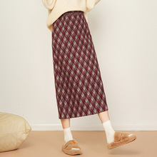 专柜复古菱形格子毛呢半身裙女式2025秋冬新款开叉a字中长款裙子