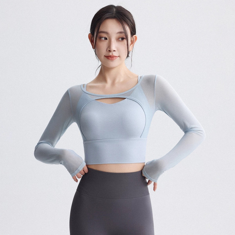 Women's Yoga Clothes with Chest Pads, Long Sleeves, Fashionable and Popular, Hollow Design, Mesh Splicing, Lightweight Fitness Sports Tops for Women