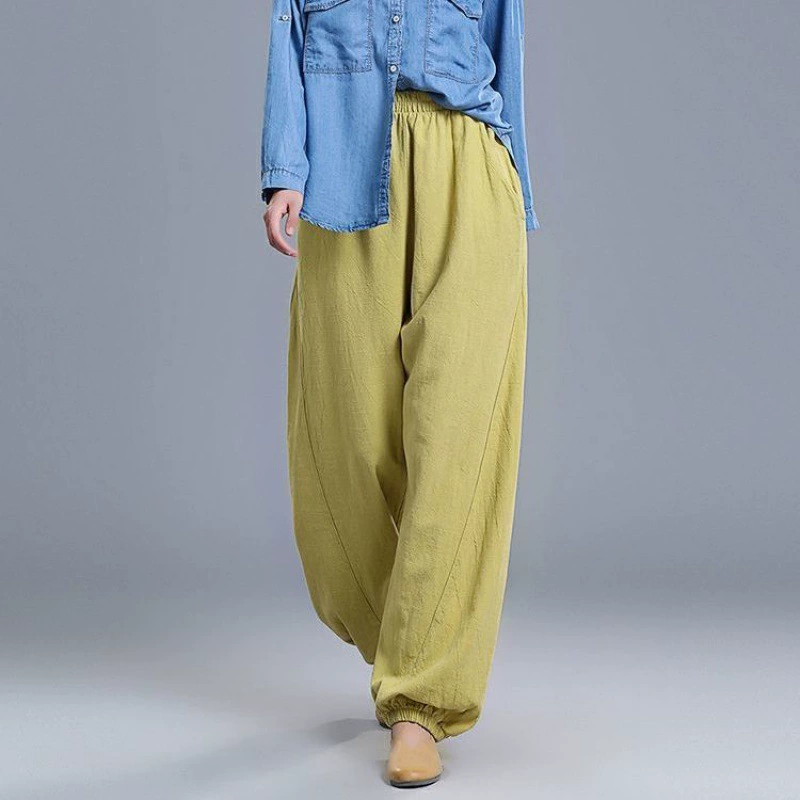 100 хлопок и лен Ретро шаровары женские лето 2023 Новое поступление штаны Свободные однотонные универсальные повседневные брюки