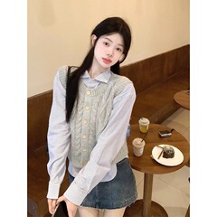 两件套装春秋新款韩版针织毛衣马甲开衫背心叠穿长袖条纹衬衣减龄