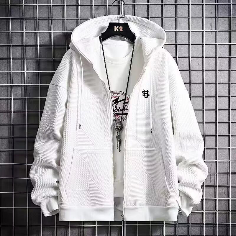 ​​Men's Trendy Textured Letter Print Jacket – Oversized Casual Sweatshirt (Black/White, M-5XL)​​_viptrois.com